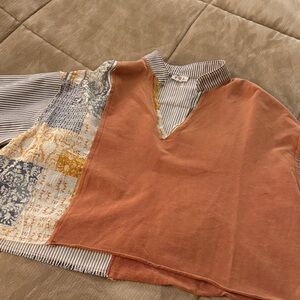 POL Patchwork Crop Top in Rust and Blue